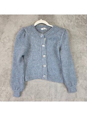 Mango Cardigan Sweater Womens XXS Blue Chunky Knit Button Front Puff Sleeve